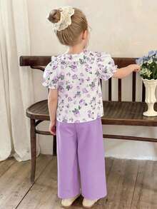 2pcs/Set Girls' Elegant Ditsy Floral Peter Pan Collar Blouse + Casual Fashionable Pearl Button Wide Leg Pants Princess Outfit, Suitable For Holidays, Parties, Birthdays, Vacations, Daily Wear, Spring/Summer/Autumn - Purple - View 3