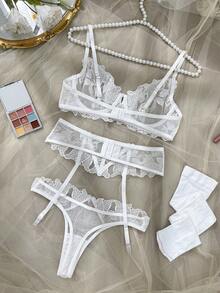 5件套女士蝴蝶结装饰，花卉刺绣，网纱性感内衣套装