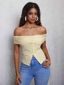 Eryvara Women's Slim Fit Jacquard Off-Shoulder Split Short Sleeve T-Shirt - Light Yellow - View 4