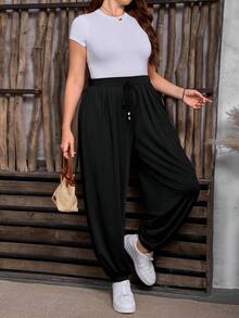 EMERY ROSE Plus Size Women Casual Loose Knit Elastic Waist Black Pants, Soft & Relaxed Fit Ankle Pants For Spring & Summer - Black - View 4