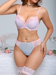 SHEIN 2 Stücke rosa & blaues Kontrast-Farben Spitzen-Patchwork Lingerie Set - Verschiedenfarbig - Übersicht 5