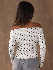 SHEIN BAE Dam vintage elegant T-shirt med prickigt mönster, asymmetrisk hals, lång ärm, rynkad figursydd topp, off-shoulder, lämplig för vår och höst - Vitt - Visa 2