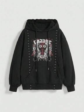 Grunge-Punk Plus Size Hooded Gothic Print Eyelet Lace-Up Black Sweatshirt, Casual Gothic Black Pullover Pullover Sweatshirt For Women, Punk Street Gothic Element Plus Size Women Sweatshirt, Loose Fit Plus Size Women Top