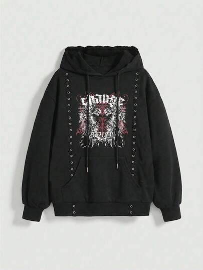 Grunge-Punk Große Größen Kapuzen Gothic Muster Ösen Schnürung Schwarz Sweatshirt, Lässiger Gothic Schwarz Pullover Sweatshirt für Frauen, Punk Street Gothic Element Große Größen Frauen Sweatshirt, Loose Fit Große Größen Frauen Top