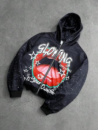 sweat-shirt à capuche zippé décontracté pour hommes avec imprimé lettres et lèvres, automne/hiver