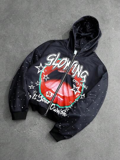 Sudadera con capucha con cremallera y estampado de letras y labios, casual para hombre, otoño/invierno