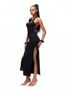 TypaGal 女士纯色3D立体花卉露背吊带连衣裙，夏季 - 黑色 - 查看 6