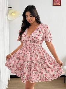 Flirla Đầm voan họa tiết hoa dành cho nữ cỡ lớn, thích hợp đi nghỉ mát, tay bồng, viền ren. - Hồng - Xem 3