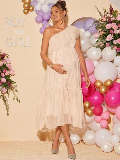 Loomaby Vestido de fiesta elegante de moda con hombros con volantes para embarazadas