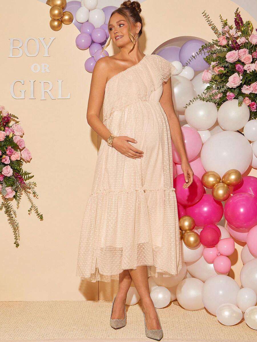 Loomaby 孕妇荷叶边露肩时尚优雅派对礼服 - 卡其色 - 查看 1