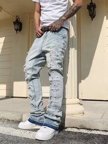 Manfinity EMRG Men's Light Blue Distressed Patch Horseshoe Slim Fit Flared Jeans Mens Ripped Jeans Streetwear Jeans - Light Wash - View 6