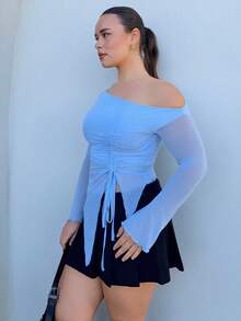 Nezia Cruz Áo thun tay dài cổ bẻ màu trơn thanh lịch cỡ lớn cho nữ - Màu xanh nhạt - Xem 3