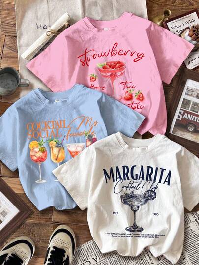 Attitoon 3pcs/Set Casual Minimalist Cocktail Glass Graphic Round Neck Short Sleeve Cropped Women T-Shirts