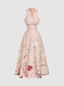 MOD Vestido de mujer de moda con estampado total, cuello halter y lazo en la cintura, de largo medio - Multicolor - Ver 6
