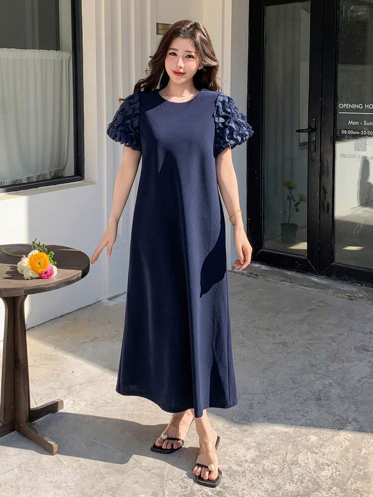 Women's Elegant Textured Patchwork Round Neck Mid-Length Dress, Summer Sundress