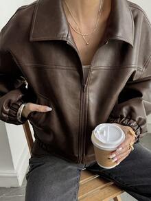 DAZY 女士休闲PU皮领长袖常规夹克 Y2k - 咖啡棕 - 查看 7