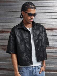 AXEPEAK Men's Summer Casual Star & Moon Embroidered Shirt - Black - View 1