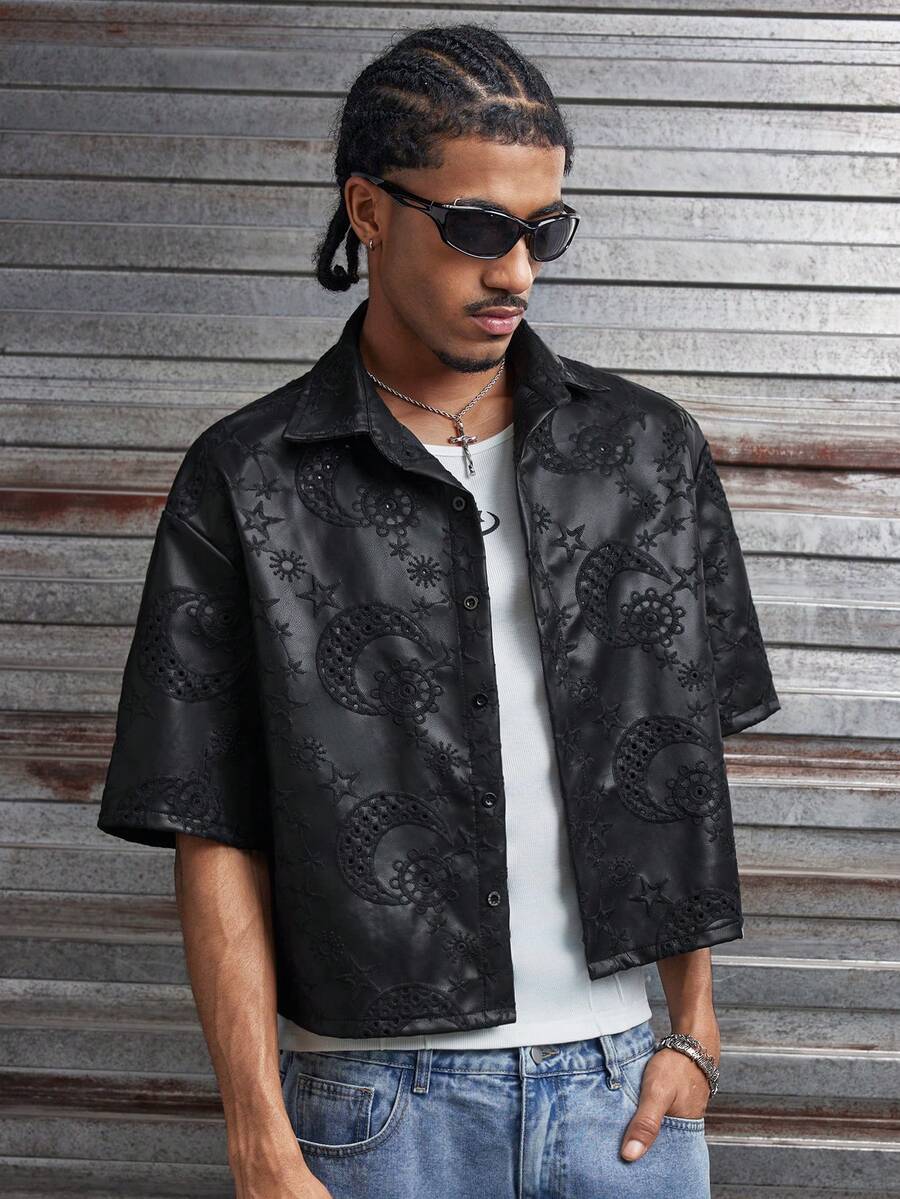 AXEPEAK Men's Summer Casual Star & Moon Embroidered Shirt - Black - View 1