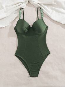 Swim Chiccia 一件纯色带钢圈的聚拢加厚泳衣，优雅适合海滩、泳池派对 - 軍綠色 - 查看 5