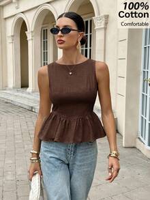 Siren Gaze Women's Summer New Jacquard Ruffle Hem Round Neck Camisole Brown Blouse,Summer Top - Coffee Brown - View 5
