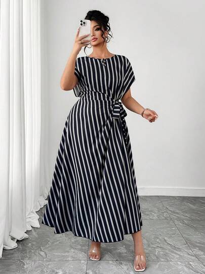 Elenzga Vestido casual suelto de mujer talla grande con cuello en V, manga corta, plisado, lazo en la cintura y línea A, de tela tejida a rayas, elegante y versátil, adecuado para primavera/verano, vacaciones, trabajo y uso diario