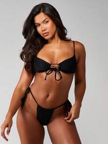 MISSGUIDED Two Piece Tie Front Bikini Set With Triangle Top And String Bottom For Summer Beach Vacation - Black - View 4