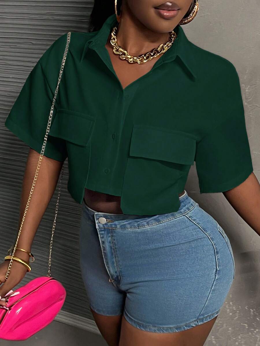 Slaydiva Áo croptop cổ polo trắng có túi, kiểu dáng thường ngày năng động, tay ngắn, có túi tiện dụng dành cho nữ, áo sơ mi công sở nữ, áo kiểu nữ, áo blouse công sở, trang phục công sở cho nữ. - màu xanh lá - Xem 1
