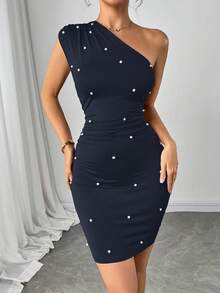 Firerie Women's Elegant Ruched Faux Pearl Decor Slim Fit Mini Dress, Summer,Summer Dresses For Women - Navy Blue - View 3
