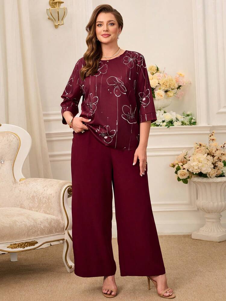 Plus Size Women Floral Print Round Neck 3/4 Sleeve Top And Wide Leg Pants Elegant 2 Piece Set For Summer/ Vacation Plus Size Pants Set Plus Size Pant Suit Blouse And Pants Set Women Plus Clothing Sets