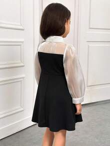 Young Girl Casual Minimalist Comfortable Collared Hollow-Out Color Block Patchwork Dress - Multicolor - View 2