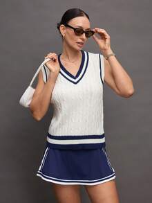 Activina Women's Casual Knitted V-Neck Vest Sweater Tennis Outfit For Women Women's Golf Attire - Blue and White - View 6