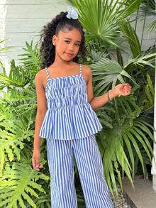 Girls Striped Bow Camisole Top And Straight Leg Pants Summer Vacation Outfit - Blue - View 5