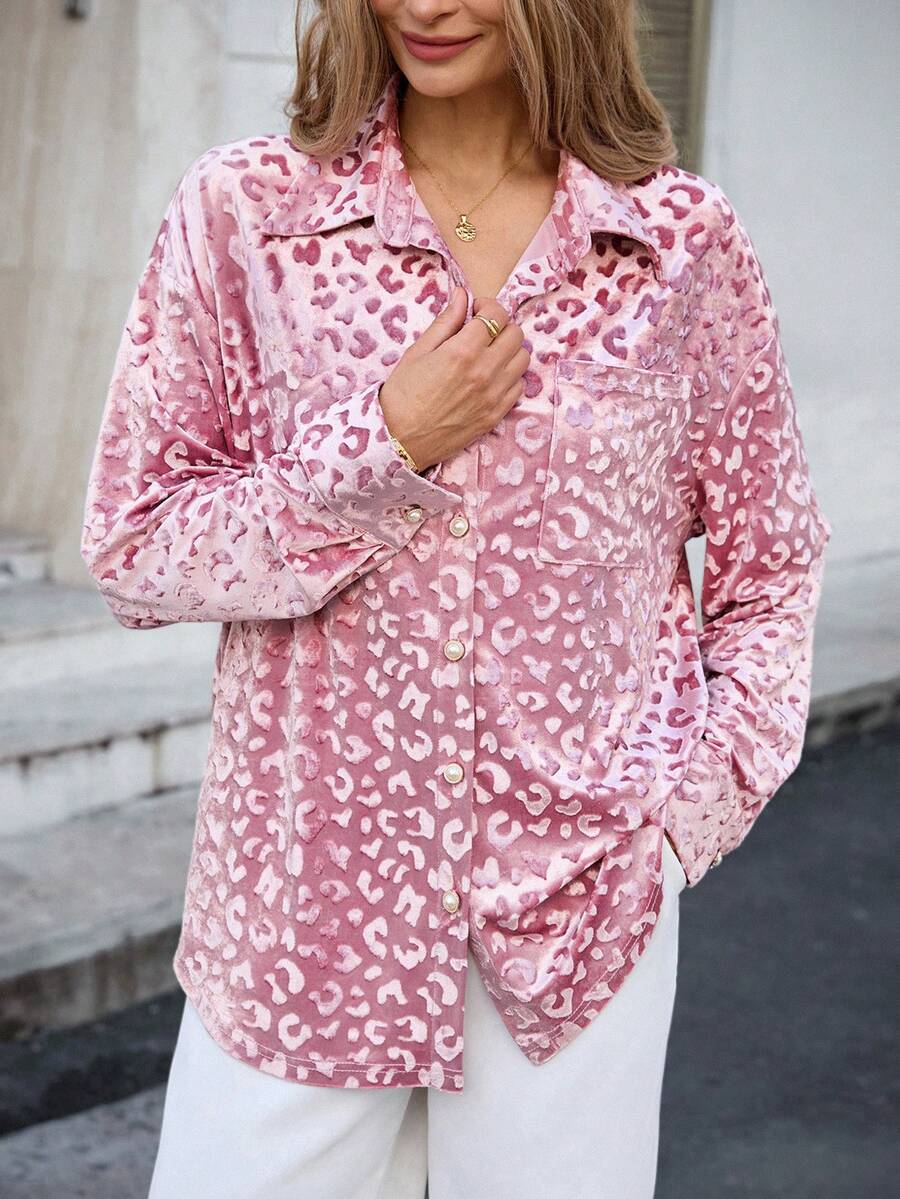 Louniche 女士丝绒亮面豹纹长袖衬衫，秋冬款 - 淺粉色 - 查看 1