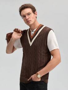Officeau Men's Collegiate Style Patchwork Cable Knit V-Neck Sweater Vest, Fall/Winter - Brown - View 7