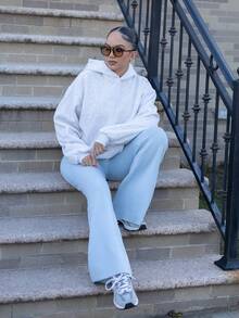 Melissa Matos 休闲简约花卉灰色连帽宽松厚款女士卫衣，适合秋冬季 - 淺灰色 - 查看 5