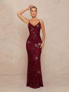 Lumalex 可调节蕾丝亮片吊带露背紧身连衣裙，枣红色 - 酒紅色 - 查看 9