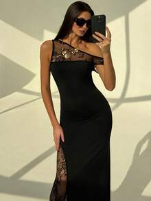 Aloruh Rochie de vară pentru femei în culoare solidă, rochie elegantă și romantică de cocktail pentru petrecere, nou-venită, rochie maxi neagră cu mânecă scurtă, asimetrică, fără bretele, din dantelă, talie strâmtă, asimetrică, tiv, dantelă, model patchwork - Negru - Vizualizare 4