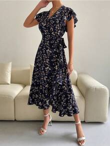 Breezaya Maxikleid für Frauen mit Blume Muster, Schmetterlings-Ärmeln und Knoten an der Seite, in Burgunderrot - marineblau - Übersicht 5