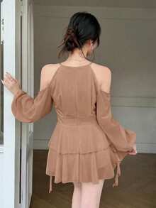 Celisse 女士优雅纯色露肩灯笼袖休闲连衣裙