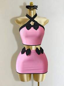 Mistrie 可爱甜美Y2K性感火辣女孩粉色两件套 - 粉色 - 查看 1