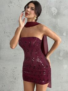 Firerie Đầm mini cúp ngực buộc dây eo bằng vải sequin bóng bẩy, thanh lịch dành cho nữ, thích hợp cho các buổi tiệc tùng, lễ hội, thời trang thu đông, dự tiệc cưới, trang phục gợi cảm đi club. - Màu Đỏ Sâu - Xem 4