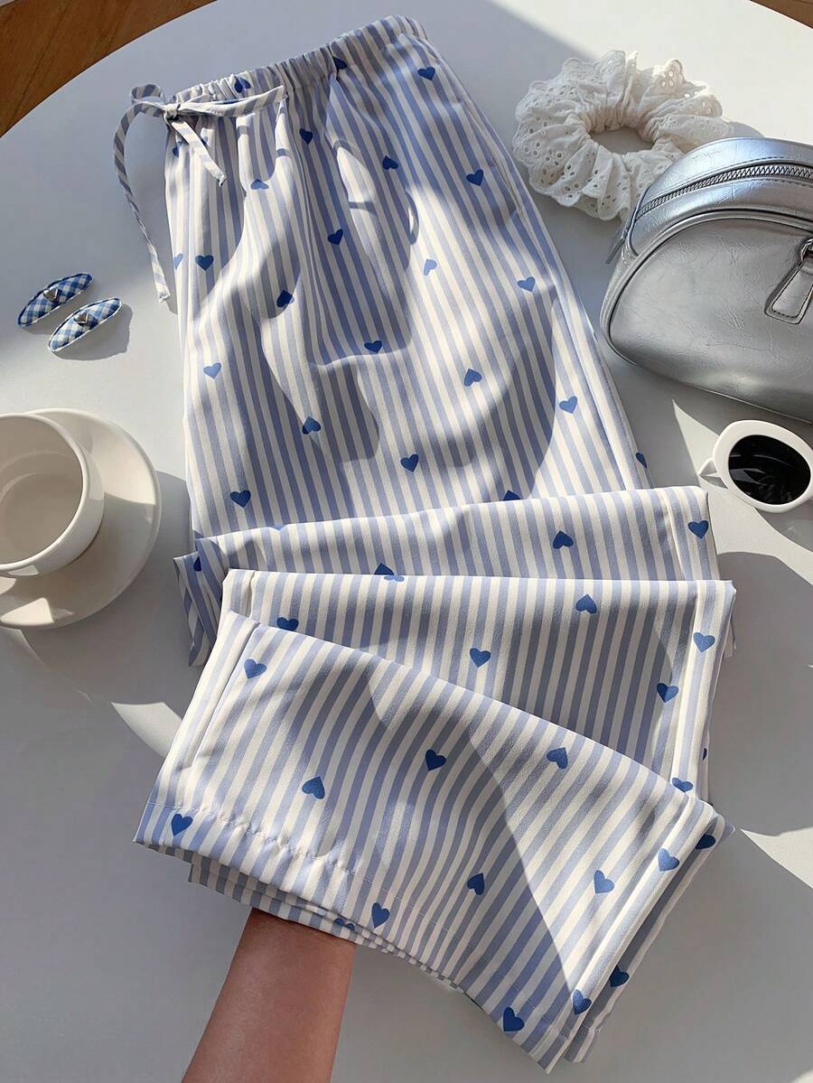 Comfortcana 2026 New Fashionable  Women's Loose Striped Pants, Casual Summer Holiday Summer Outfits Spring Outfit Women Vacation Outfits Women Y2k Clothes Blue And White Striped Pants Hearts Print Pants Summer Outfits  Spring Break Outfits - Baby Blue - View 1