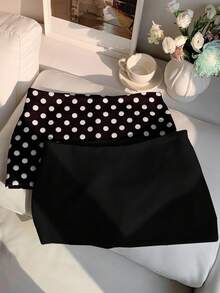 Comfortcana 两件套女士波点纯色半身裙套装 - 黑色 - 查看 3