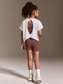 Camiseta de manga corta con espalda hueca informal para niñas, conjunto deportivo - Blanco - Ver 4