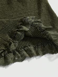ROMWE Fairycore Sexy & Elegant Contrast Lace Off-Shoulder Loose Knit Sweater For Women - Dark Green - View 5