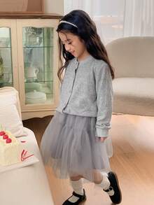 DAZY Young Girl Fashion Party Ladylike Button-Front Cardigan And Mesh Skirt Set, Suitable For Birthday Party - Light Grey - View 7