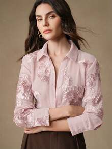 Anewsta Blusa elegante de mujer con cuello polo, de manga larga, con bordado floral francés retro y tela transparente, para primavera/verano - Rosa Pálido - Ver 4