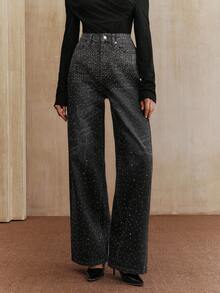 Anewsta 蓝色喇叭裤，适合秋冬、圣诞节、新年，优雅、奢华、别致、休闲 - 黑色 - 查看 7