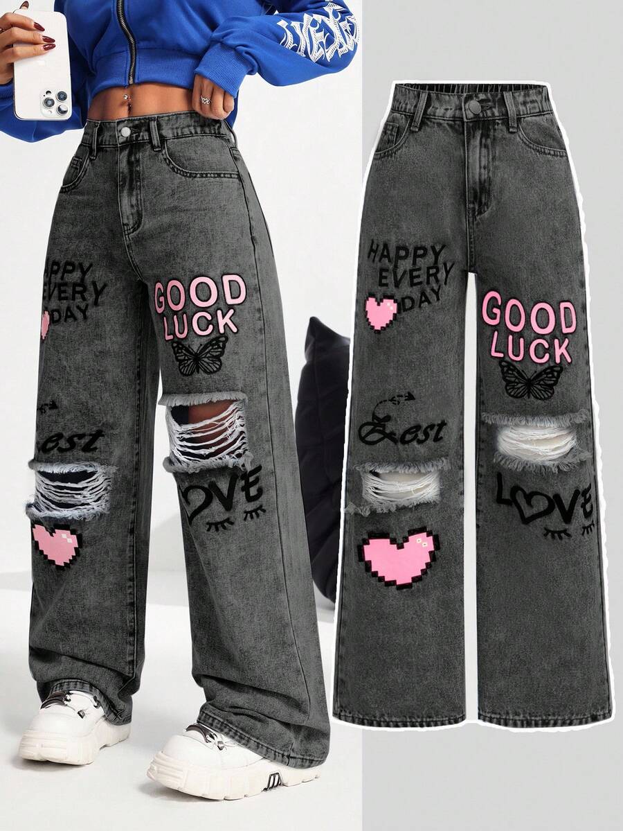 SHEIN PETITE Women's Casual Distressed Straight Leg Jeans, Blue Print - Dark Grey - View 1