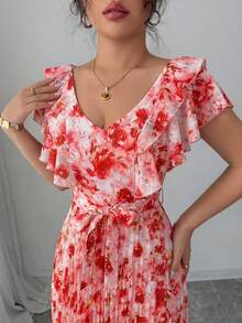 Elenzga V领数码印花度假风荷叶边腰身A字优雅浪漫女装 - 彩色 - 查看 6